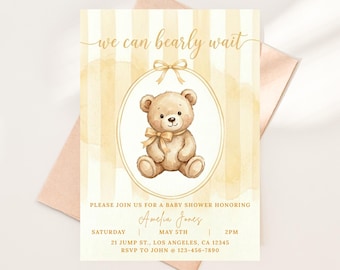 Invitación para baby shower con osito de peluche amarillo, invitación neutra para baby shower, plantilla editable, invitación neutra para bebé, descarga imprimible