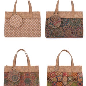 Durable Portuguese Natural Cork Handbag – Eco‐Friendly Cork Top‑Handle Bag with Printed Cork Pouch, Vegan & Sustainable