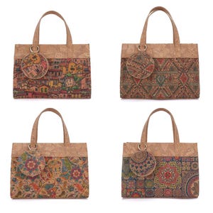 Durable Portuguese Natural Cork Handbag – Eco‐Friendly Cork Top‑Handle Bag with Printed Cork Pouch, Vegan & Sustainable