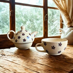 Handcrafted Floral Tea-for-One Ceramic Set | Vintage Cream Glaze | Teapot & Cup Personal Tea Set image 2