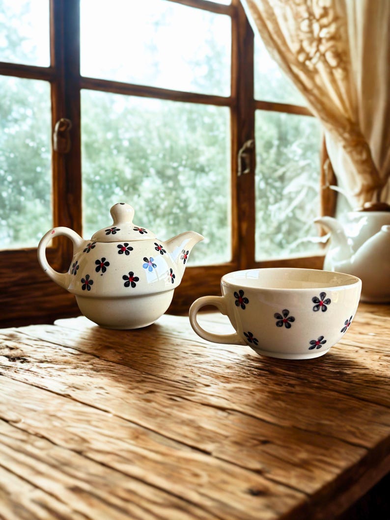Handcrafted Floral Tea-for-One Ceramic Set | Vintage Cream Glaze | Teapot & Cup Personal Tea Set image 2