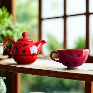 Puede incluir: Un juego de té de cerámica roja que incluye una tetera y una taza. La tetera tiene un cuerpo redondeado, un pico curvo y un asa. La taza tiene un asa y un borde ancho. Ambas piezas están decoradas con diseños negros en forma de flecha.