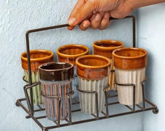 Handcrafted Ceramic Kulhad Set with Metal Stand – 7 Pieces