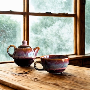 Può includere: Una teiera in ceramica con coperchio e una tazza abbinata, nei toni del marrone, viola e blu, su un tavolo di legno. Lo sfondo mostra una finestra con vista sugli alberi. Per il tè.