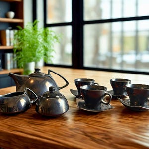May include: A dark gray tea set on a wooden table. The set includes a teapot, sugar bowl, creamer, and four teacups with saucers. The tea set is metallic and reflects the light. A green plant is in the background.