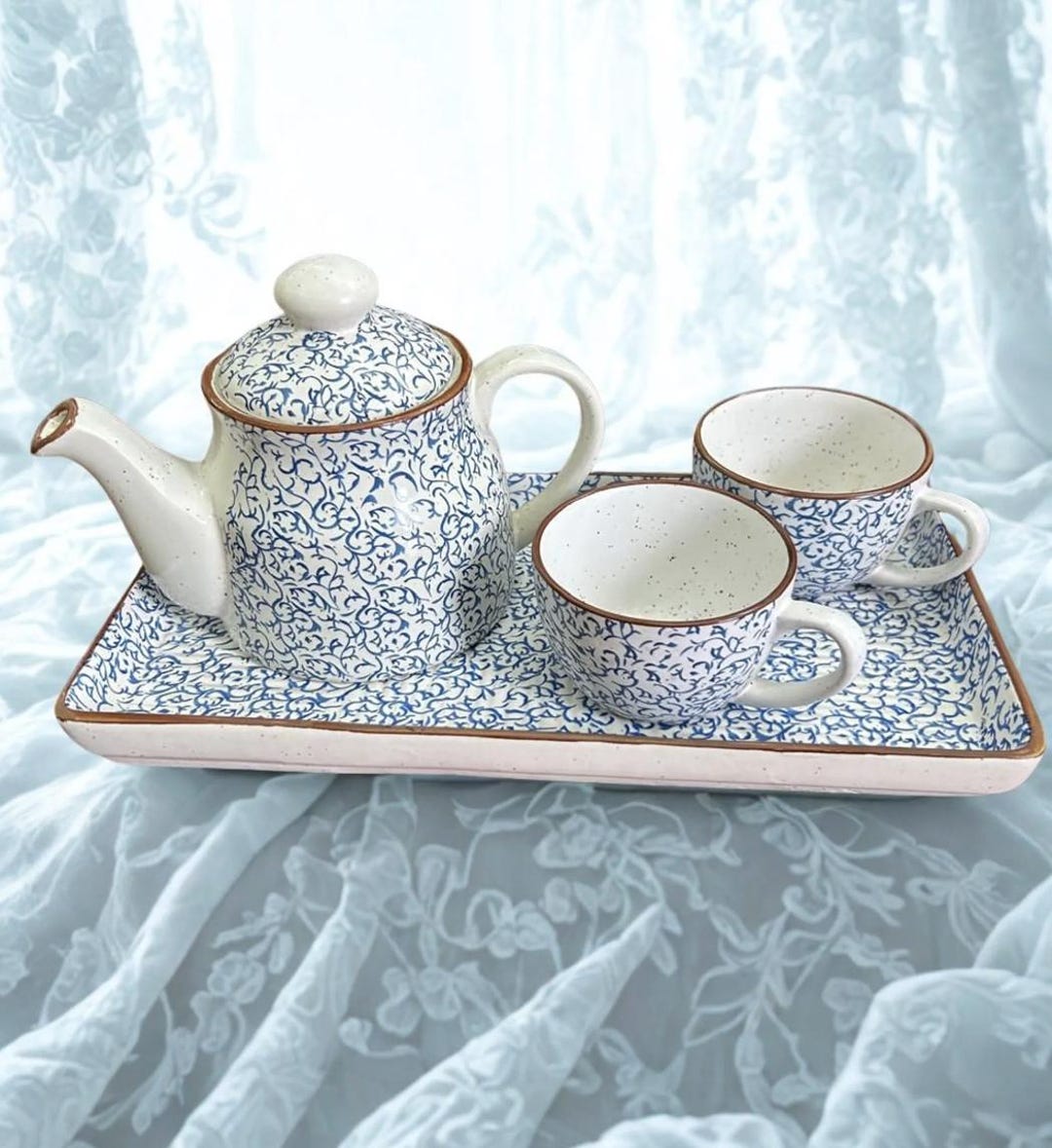 Handcrafted Blue & White Ceramic Tea Set - Kettle + 2 Cups + Tray ...