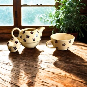 Handcrafted Floral Tea-for-One Ceramic Set | Vintage Cream Glaze | Teapot & Cup Personal Tea Set image 3
