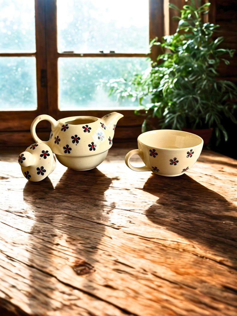 Handcrafted Floral Tea-for-One Ceramic Set | Vintage Cream Glaze | Teapot & Cup Personal Tea Set image 3