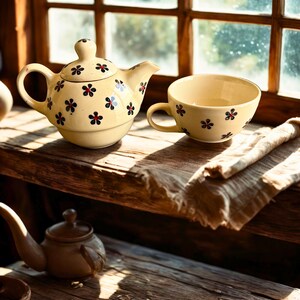 Handcrafted Floral Tea-for-One Ceramic Set | Vintage Cream Glaze | Teapot & Cup Personal Tea Set image 7