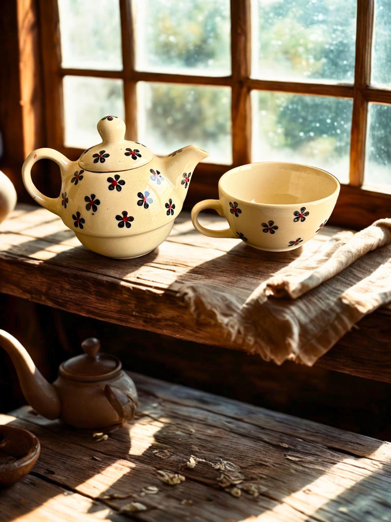 Handcrafted Floral Tea-for-One Ceramic Set | Vintage Cream Glaze | Teapot & Cup Personal Tea Set image 7