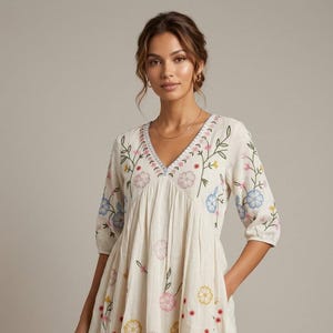 Midi Dress , Colorful Floral Embroidery , Bohemian Folk Style, Loose Fit , Festival Outfit