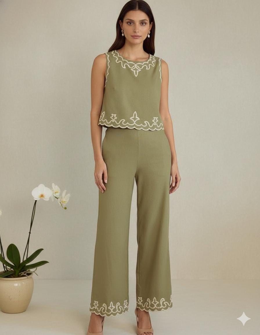 Olive Green Embroidered Pant Set Sleeveless Top Wide Leg Designer 
