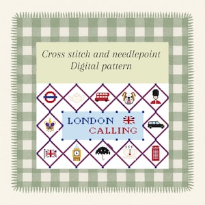 Könnte beinhalten: Ein digitales Kreuzstich- und Nadelspitzenmuster mit Londoner Symbolen. Das Design umfasst einen roten Doppeldeckerbus, eine Bulldogge, eine Krone, ein schwarzes Taxi und eine rote Telefonzelle. Der Text "LONDON CALLING" wird angezeigt.