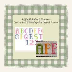 Op de afbeelding: Een digitaal kruissteek- en naaldkantpatroon met een kleurrijk alfabet en cijfers. De afbeelding toont voorbeelden van de letters en cijfers in verschillende kleuren, met de tekst "Bright Alphabet & Numbers Cross stitch & Needlepoint Digital Pattern".