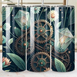 Steampunk Floral Digital Art: Gears, Crystals, Tumbler Wrap Design