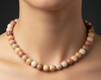 Fossil Coral Bead Necklace, Agatized Flower Stone, Sterling Silver