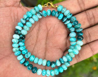 Teal Blue Candy Opal Beaded Necklace, Gold Sterling Silver Clasp