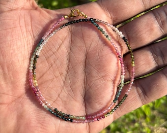 Multi Tourmaline Beaded Choker, 2mm Gemstone, Gold Vermeil Clasp
