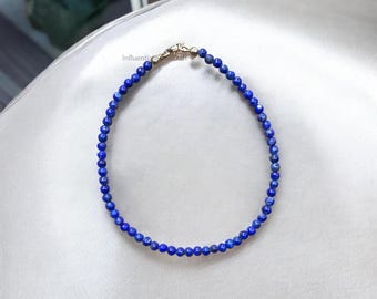 Zierliches Lapis Lazuli Armband - 3 mm Kleine Runde Blaue Perlen - Sterling Silber Oberfläche - Minimalistisches Armband