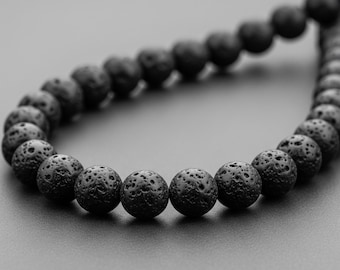Collana in pietra lavica nera da 8 mm, chiusura in argento sterling 925, fatta a mano