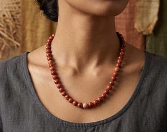 Colar com contas de jaspe vermelho natural, 8 mm, lisas e redondas, fecho em prata de lei.