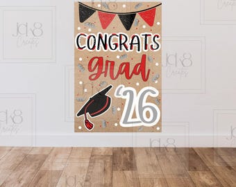 Gefeliciteerd banner Grad 2026 | Rood zwart afstudeerfeestdecor (digitale download)
