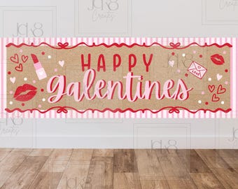 Banner Happy Galentines | Roze harten, lippenstift, feestdecoratie lippen (digitale download)