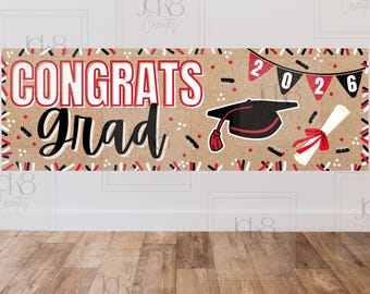 Gefeliciteerd afstudeerbanner | Rood zwart afstudeerfeestdecor (digitale download)