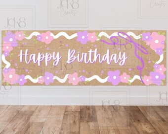 Bloemen Happy Birthday-banner | Paarsroze bloemen, feestdecor (digitale download)