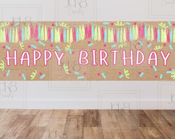 Kleurrijke Happy Birthday-banner met kwastje | Feestdecoratie, fotoachtergrond (pdf-download)