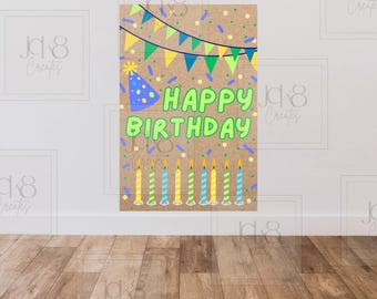 Gelukkige verjaardagsbanner | Blauwgroen feestdecor, 2 x 3 verticaal bord (digitale download)