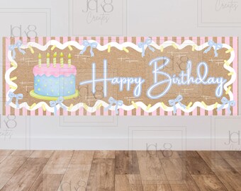 Pasteltaart Happy Birthday-banner | Blauwroze feestdecor (digitale download)