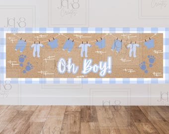 Oh Boy – banner babyshower | Blauwe waslijn, voetafdrukken (digitale download)