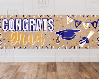 Gefeliciteerd Grad Banner Blauw Goud 2026 Graduation Party Decor (digitale download)
