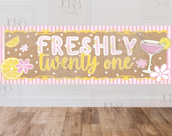 Banner Freshly Twenty One, decor cocktailparty citroen, roze gele achtergrond (digitale download)