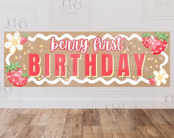 Banner eerste verjaardag Berry | Aardbeienfeestdecor, babymeisje (digitale download)