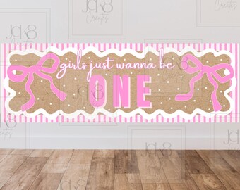 Banner Girls Just Wanna Be One | Roze coquette achtergrond voor eerste verjaardag (digitale download)