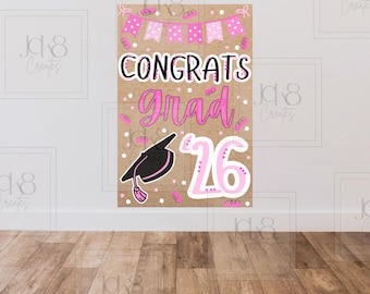 Roze banner gefeliciteerd Grad | Decor afscheidsfeestje, achtergrond (digitale download)
