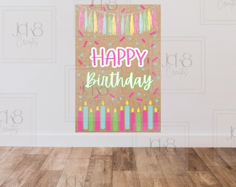 Gelukkige verjaardagsbanner | Feestdecor met felle kleuren, verticaal bord (digitale download)