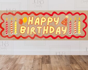 Gelukkige verjaardagsbanner | Roodoranje ballonnen, kaarsen (digitale download)