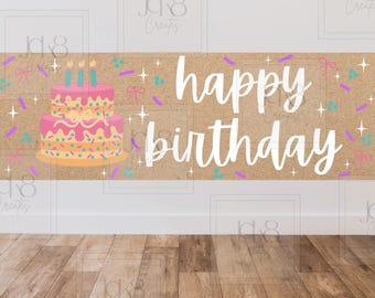 Gelukkige verjaardagsbanner met cake | Pastelkleurig feestdecor (digitale download)