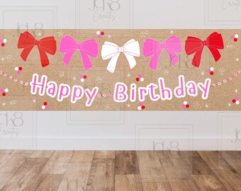 Rozerode verjaardagsbanner met strik | Girly-feestdecor (digitale download)