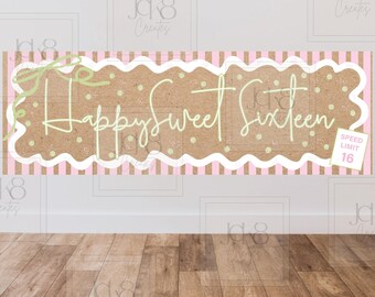 Banner Sweet Sixteen | Roze groene coquette verjaardagsachtergrond (digitale download)