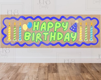 Gelukkige verjaardagsbanner | Blauwgroen feestdecor, kinderachtergrond (digitale download)