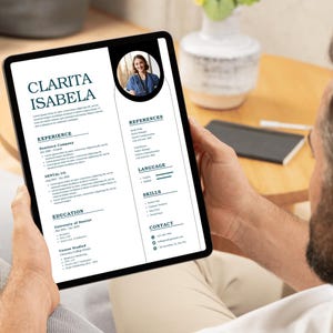 Modello di curriculum vitae semplice per dentista blu e bianco, CV professionale modificabile, modello di domanda di lavoro minimalista moderno