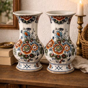 Pair of Vintage Delft Polychrome Vases - Hand Painted Dutch Pottery