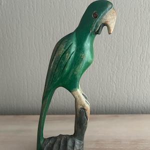Hand-Carved Wooden Parrot Figurine - Geeen Tropical Bird Sculpture