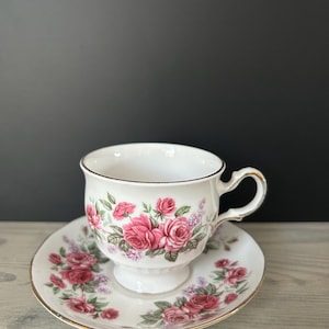 Vintage Queen Anne Bone China Cup & Saucer - Pink rose Floral pattern with gold trip - English Tea Set