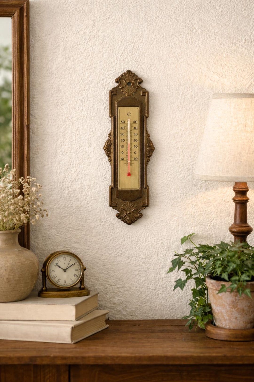 Vintage Cast Brass Wall Thermometer - Ornate Victiorian Style Metal ...
