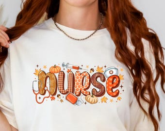 Comfort Colors® Fall Nurse Shirt, Floral Autumn Pumpkin Nurse Tee, Cozy Seasonal Nurse Outfit for Work, Thanksgiving Medical Gift